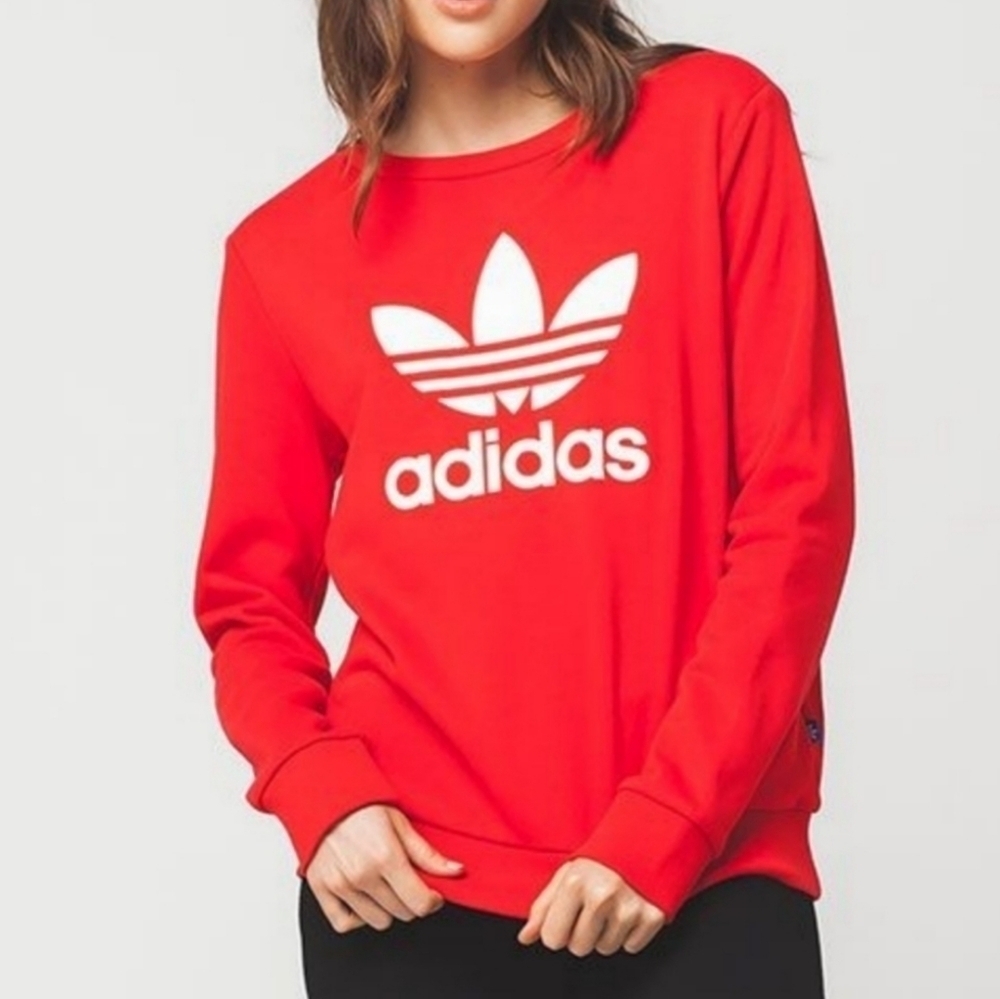 Adidas Red & White Trefoil Logo Graphic Pullover Crewneck Sweatshirt